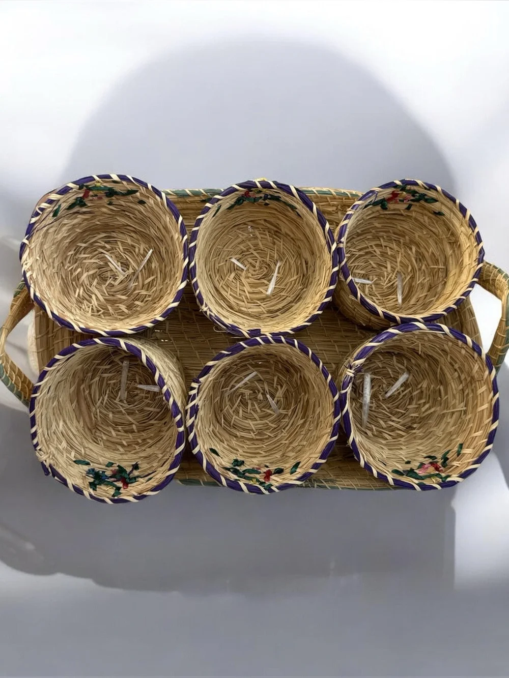 Handwoven Natural Straw Basket Set with Purple Trim and Floral Embroidery
